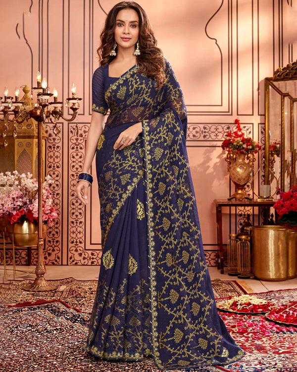 Vishal Prints Dark Violet Designer Brasso Saree With Embroidery Work And Fancy Border