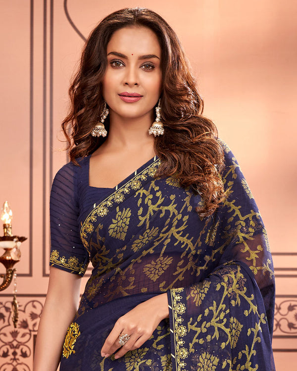 Vishal Prints Dark Violet Designer Brasso Saree With Embroidery Work And Fancy Border