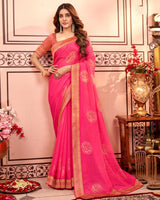 Vishal Prints Red Pink Designer Brasso Saree With Diamond And Foil Work