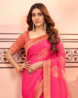 Vishal Prints Red Pink Designer Brasso Saree With Diamond And Foil Work
