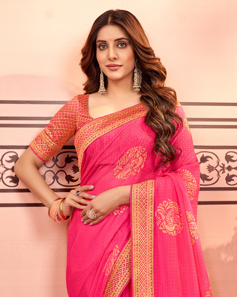 Vishal Prints Red Pink Designer Brasso Saree With Diamond And Foil Work