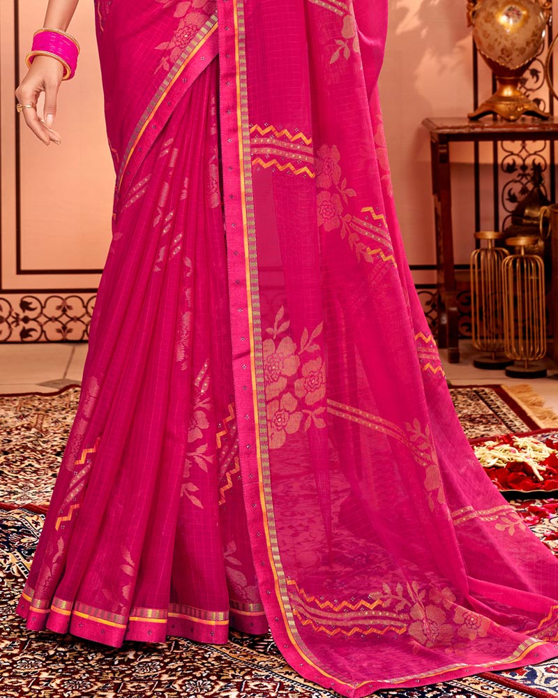 Vishal Prints Red Pink Designer Brasso Saree With Diamond And Foil Work