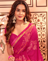 Vishal Prints Red Pink Designer Brasso Saree With Diamond And Foil Work