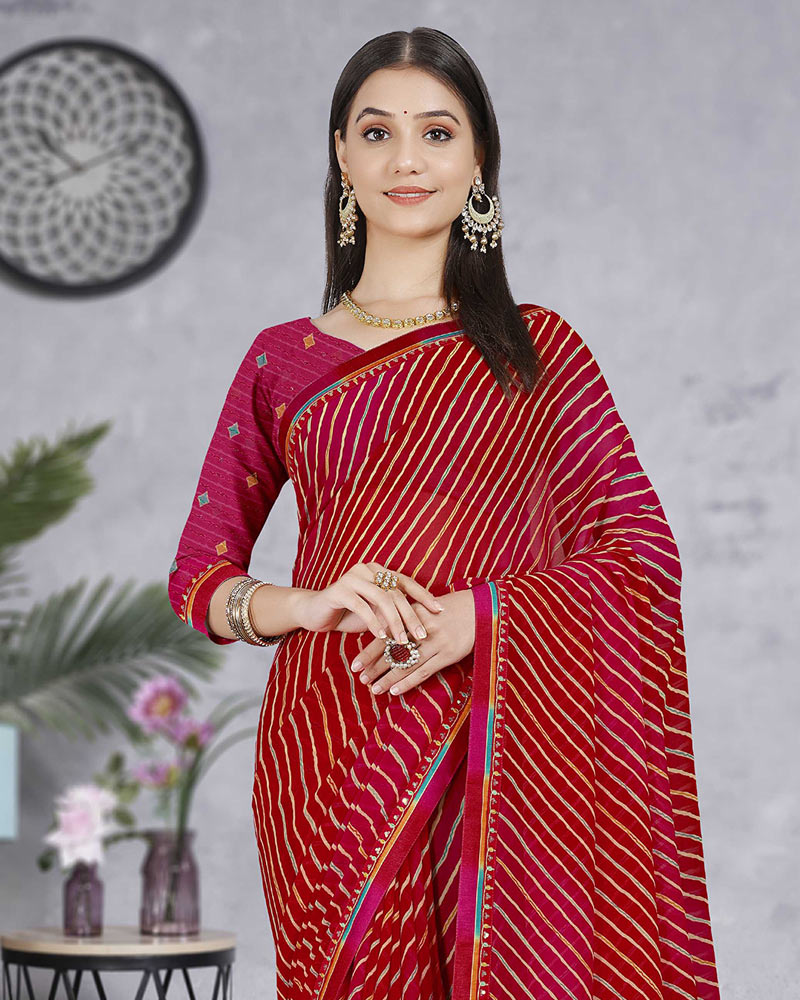 Vishal Prints Dark Red Georgette Lehriya Print Saree With Fancy Border