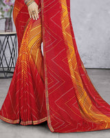 Vishal Prints Cherry Red Chiffon Lehriya Print Saree With Fancy Border