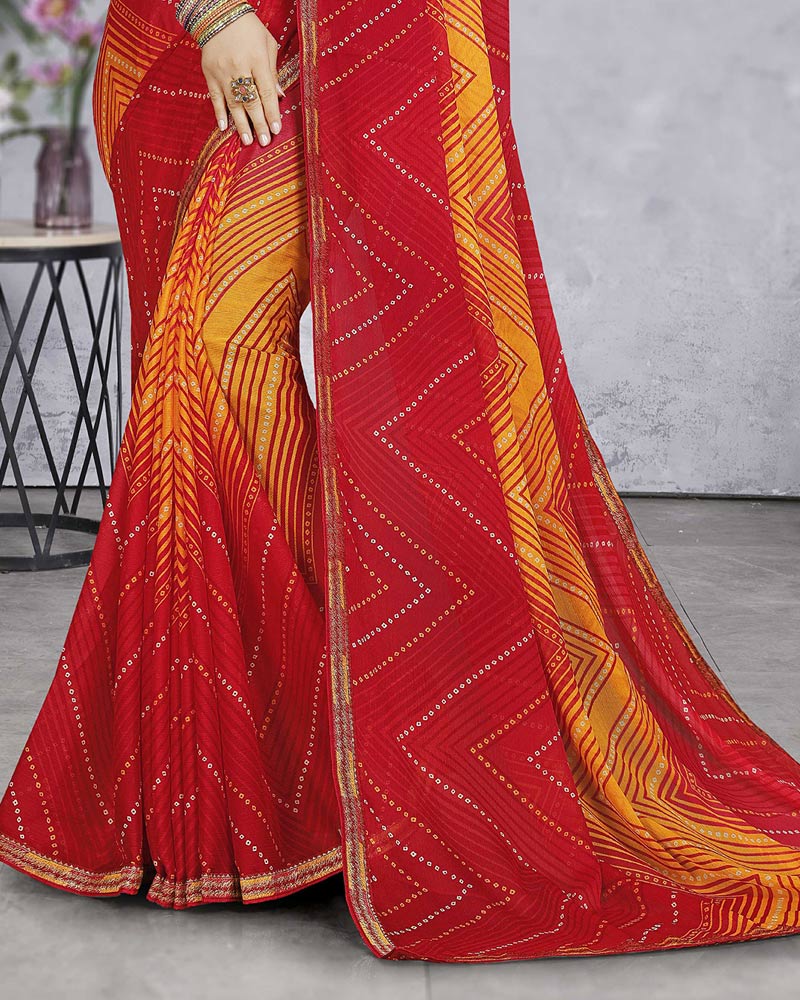 Vishal Prints Cherry Red Chiffon Lehriya Print Saree With Fancy Border