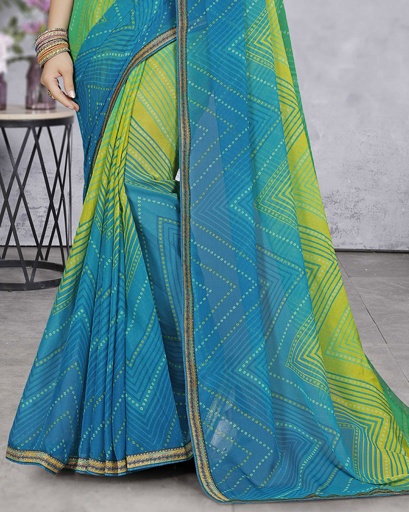 Vishal Prints Dark Mint Green Chiffon Lehriya Print Saree With Fancy Border