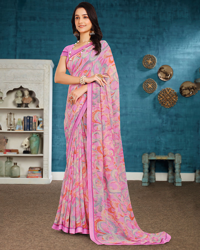 Vishal Prints Cadillac Pink Printed Georgette Saree With Fancy Border