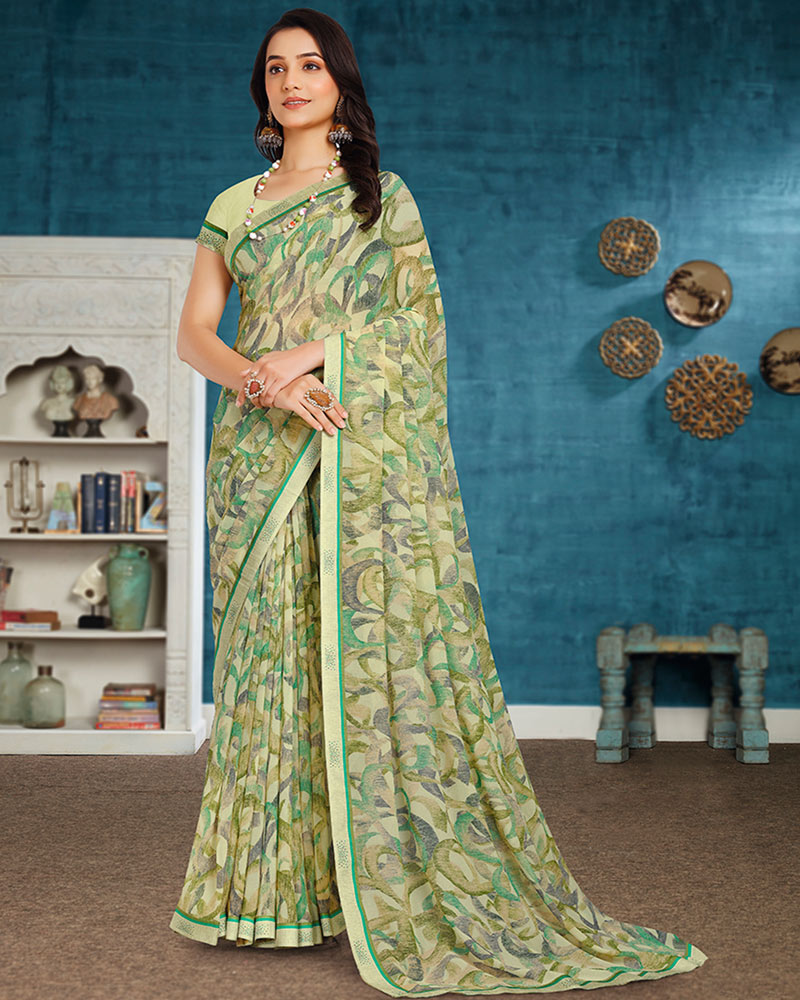 Vishal Prints Pastel Olive Green Printed Georgette Saree With Fancy Border