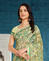 Vishal Prints Pastel Olive Green Printed Georgette Saree With Fancy Border