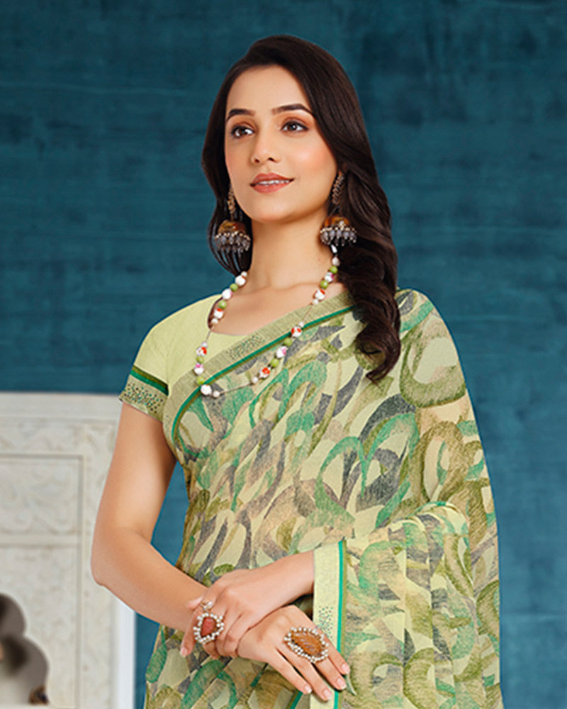 Vishal Prints Pastel Olive Green Printed Georgette Saree With Fancy Border