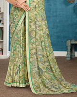 Vishal Prints Pastel Olive Green Printed Georgette Saree With Fancy Border