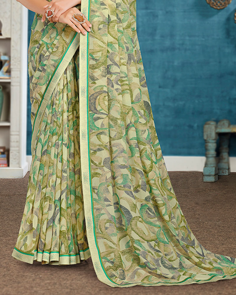 Vishal Prints Pastel Olive Green Printed Georgette Saree With Fancy Border