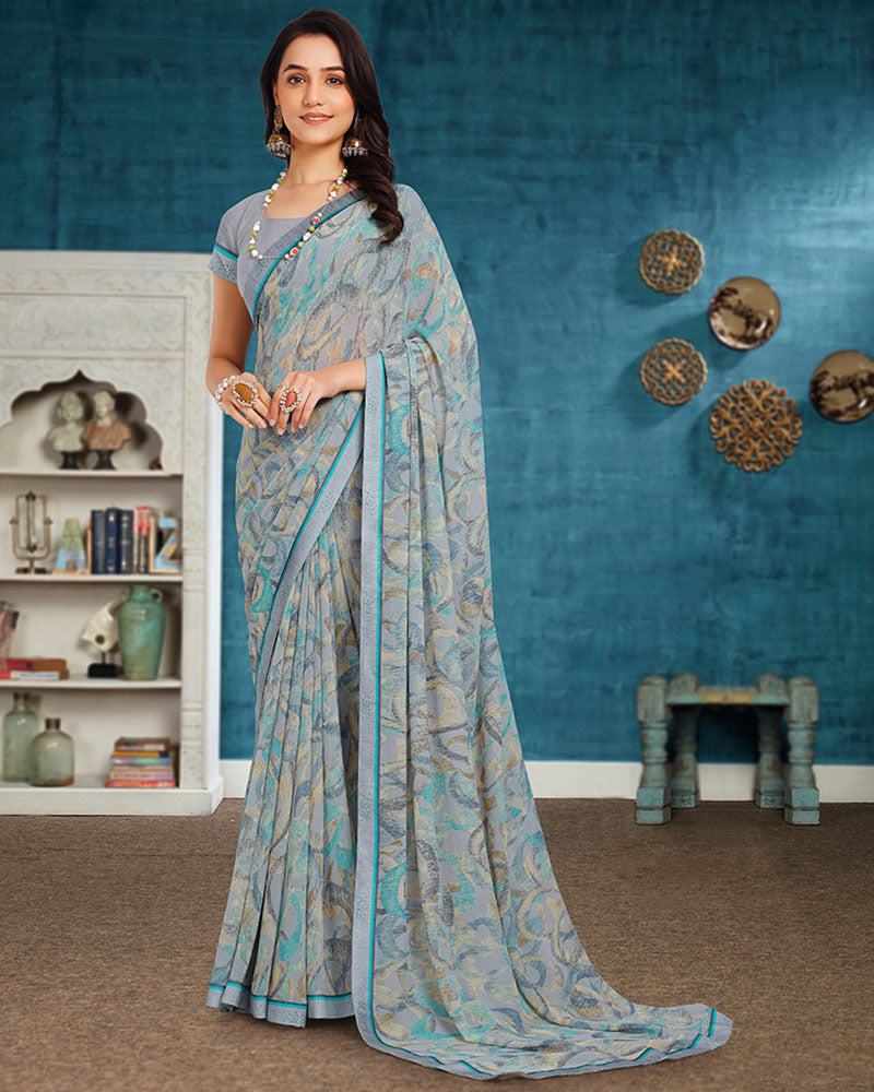 Vishal Prints Ash Grey Printed Georgette Saree With Fancy Border