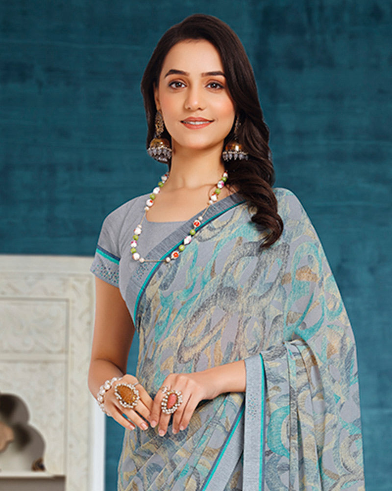 Vishal Prints Ash Grey Printed Georgette Saree With Fancy Border
