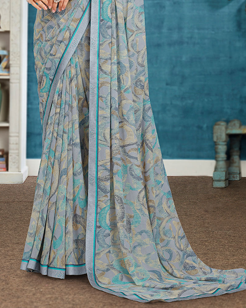 Vishal Prints Ash Grey Printed Georgette Saree With Fancy Border