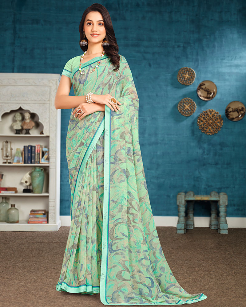 Vishal Prints Mist Green Printed Georgette Saree With Fancy Border