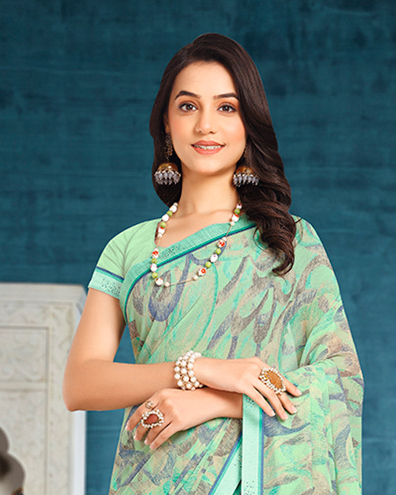 Vishal Prints Mist Green Printed Georgette Saree With Fancy Border