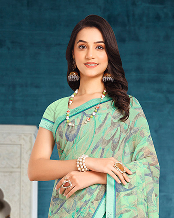 Vishal Prints Mist Green Printed Georgette Saree With Fancy Border