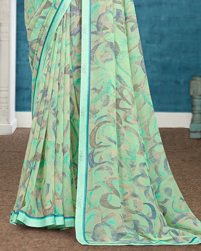 Vishal Prints Mist Green Printed Georgette Saree With Fancy Border