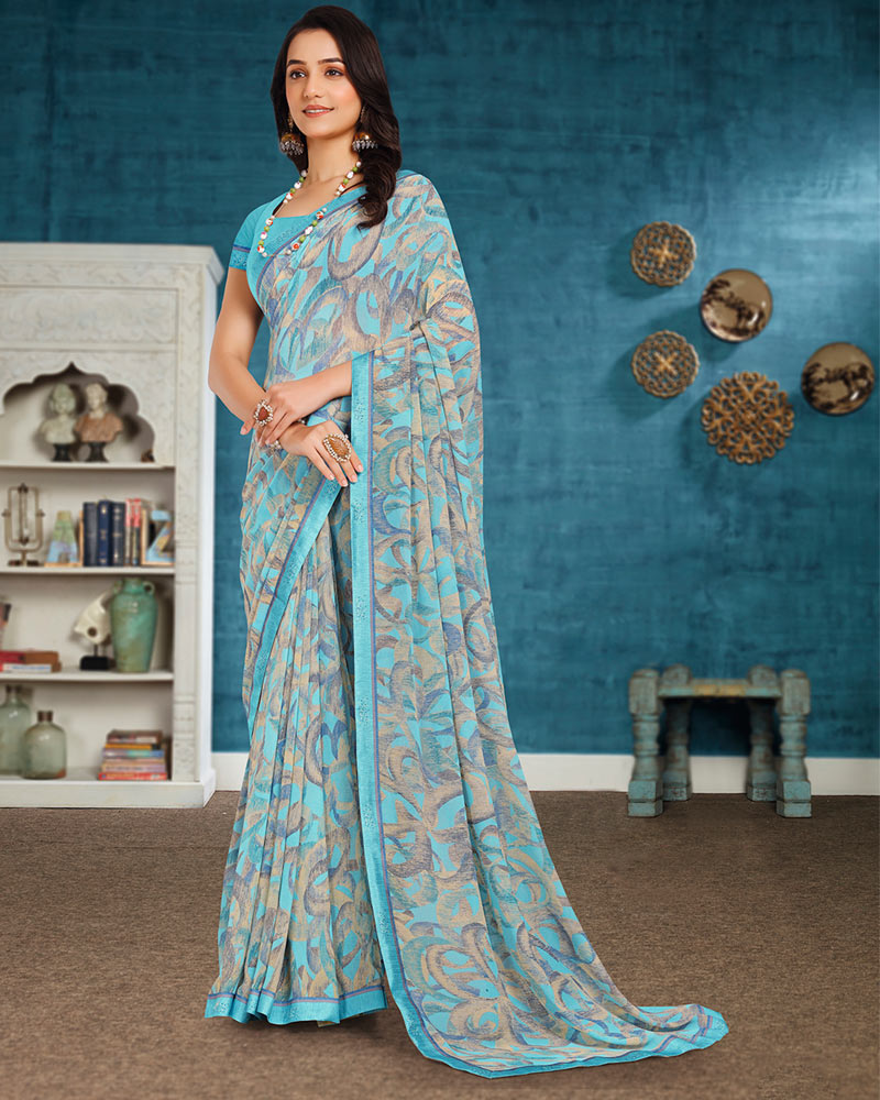Vishal Prints Pastel Blue Printed Georgette Saree With Fancy Border