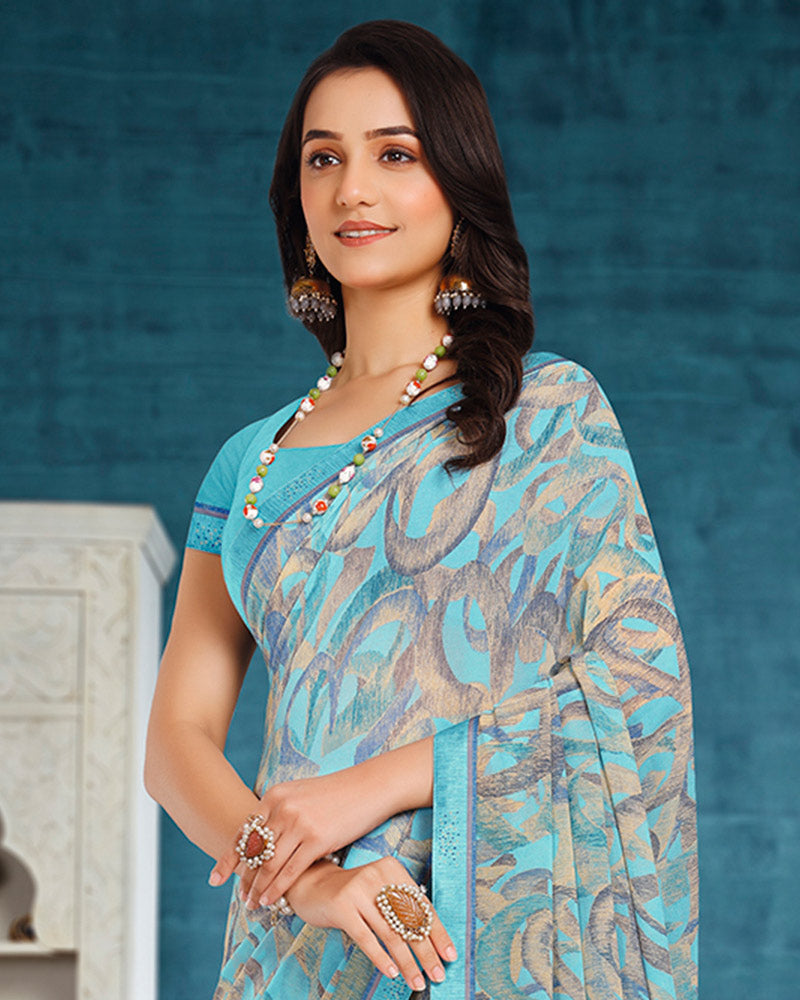 Vishal Prints Pastel Blue Printed Georgette Saree With Fancy Border