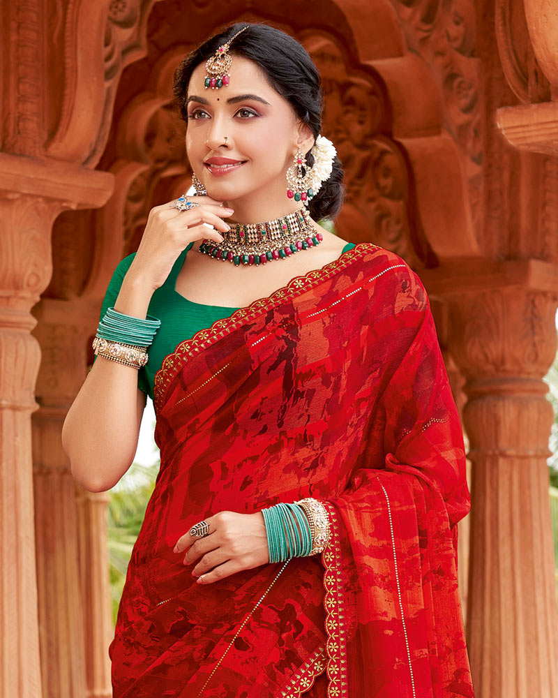 Vishal Prints Venetian Red Designer Fancy Chiffon Saree With Embellished Diamond Work And Cut Work Border