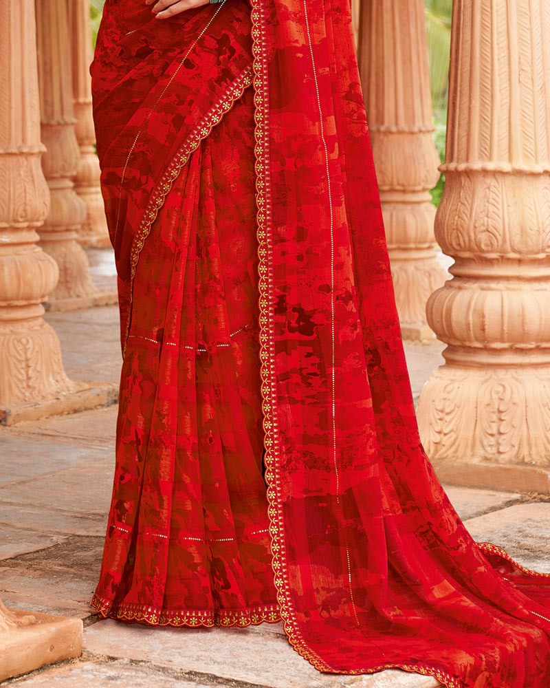 Vishal Prints Venetian Red Designer Fancy Chiffon Saree With Embellished Diamond Work And Cut Work Border