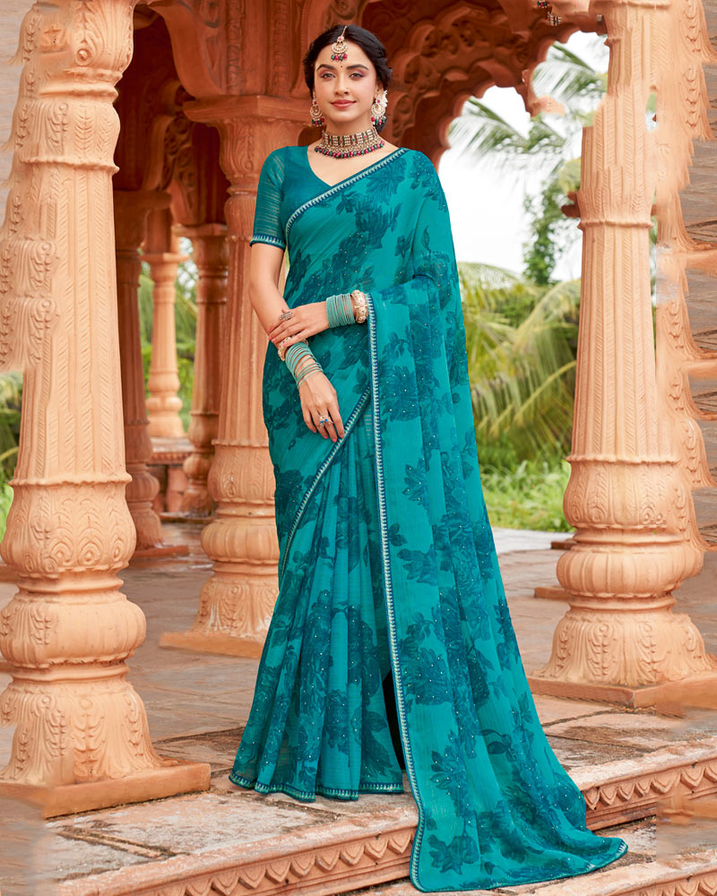 Vishal Prints Dark Aqua And Bondi Blue Designer Fancy Chiffon Saree With Embellished Diamond Work And Fancy Border