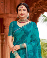 Vishal Prints Dark Aqua And Bondi Blue Designer Fancy Chiffon Saree With Embellished Diamond Work And Fancy Border