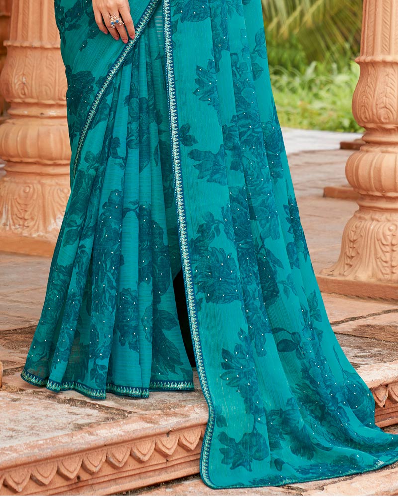 Vishal Prints Dark Aqua And Bondi Blue Designer Fancy Chiffon Saree With Embellished Diamond Work And Fancy Border
