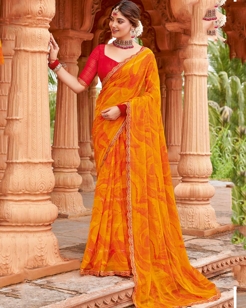 Vishal Prints Dark Carrot Orange Designer Fancy Chiffon Saree With Embellished Diamond Work And Cut Work Border