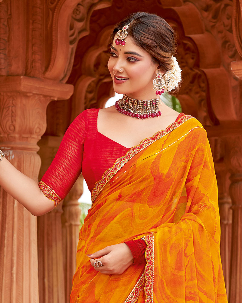 Vishal Prints Dark Carrot Orange Designer Fancy Chiffon Saree With Embellished Diamond Work And Cut Work Border