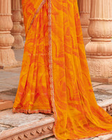 Vishal Prints Dark Carrot Orange Designer Fancy Chiffon Saree With Embellished Diamond Work And Cut Work Border