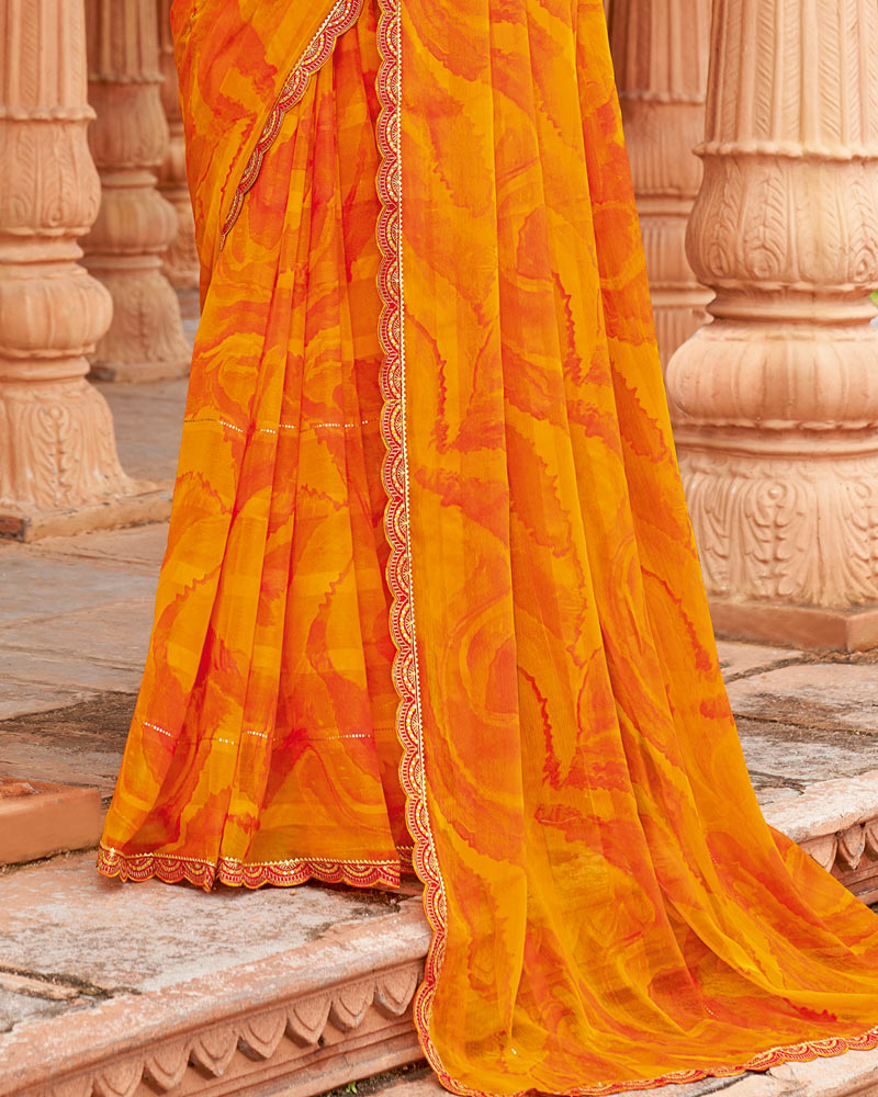 Vishal Prints Dark Carrot Orange Designer Fancy Chiffon Saree With Embellished Diamond Work And Cut Work Border