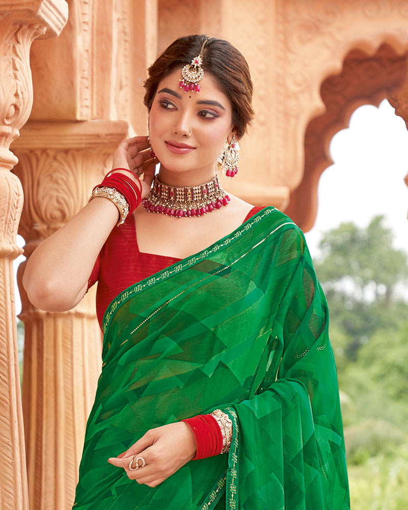 Vishal Prints Dark Green Designer Fancy Chiffon Saree With Embellished Diamond Work And Fancy Border