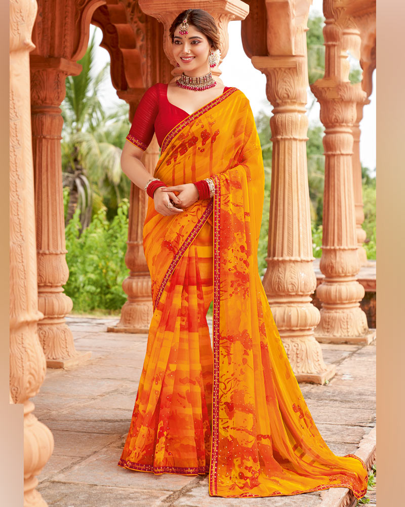 Vishal Prints Pumpkin Orange Designer Fancy Chiffon Saree With Embellished Diamond Work And Fancy Border