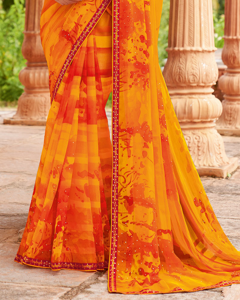 Vishal Prints Pumpkin Orange Designer Fancy Chiffon Saree With Embellished Diamond Work And Fancy Border