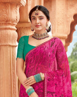 Vishal Prints Dark Hot Pink Designer Fancy Chiffon Saree With Embellished Diamond Work And Fancy Border