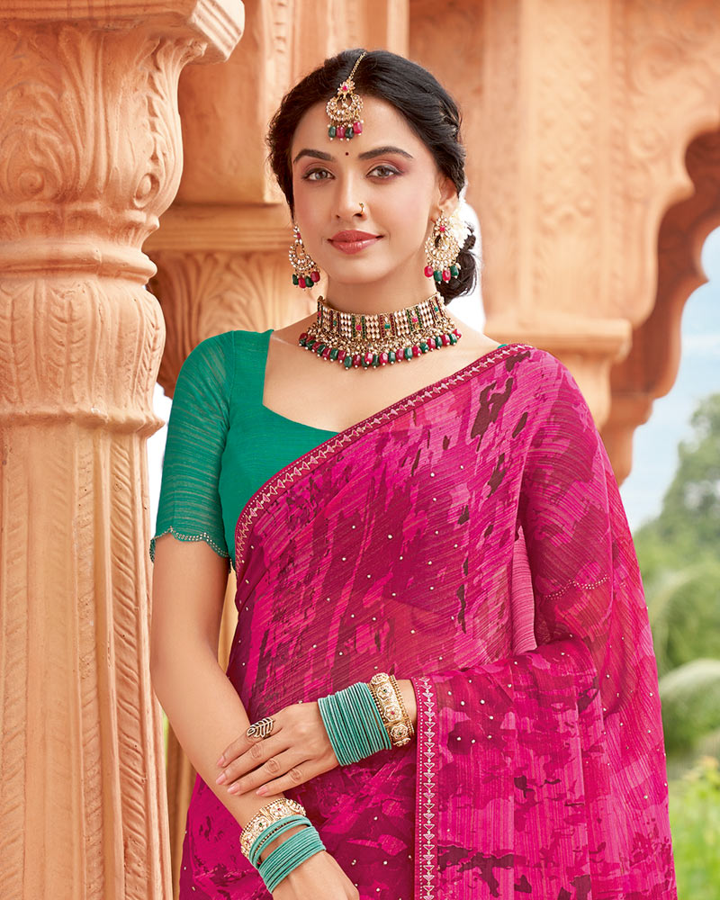 Vishal Prints Dark Hot Pink Designer Fancy Chiffon Saree With Embellished Diamond Work And Fancy Border