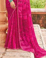 Vishal Prints Dark Hot Pink Designer Fancy Chiffon Saree With Embellished Diamond Work And Fancy Border