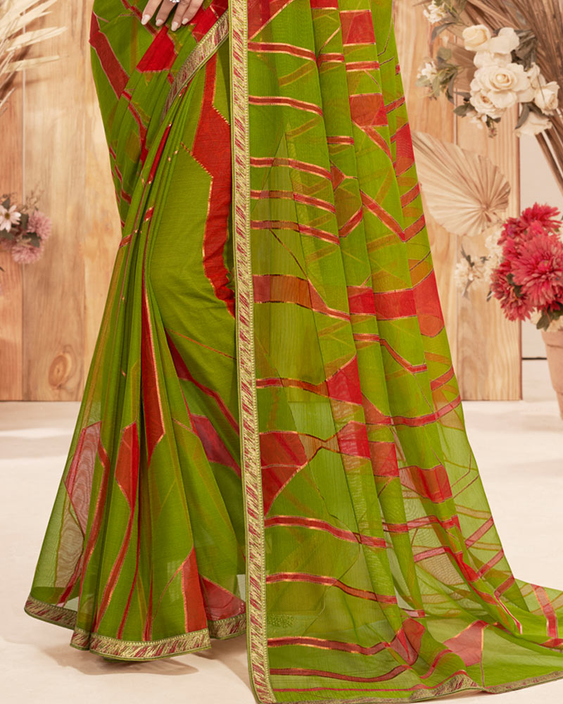 Vishal Prints Mehandi Green Designer Chiffon Brasso Saree With Foil Print And Zari Border