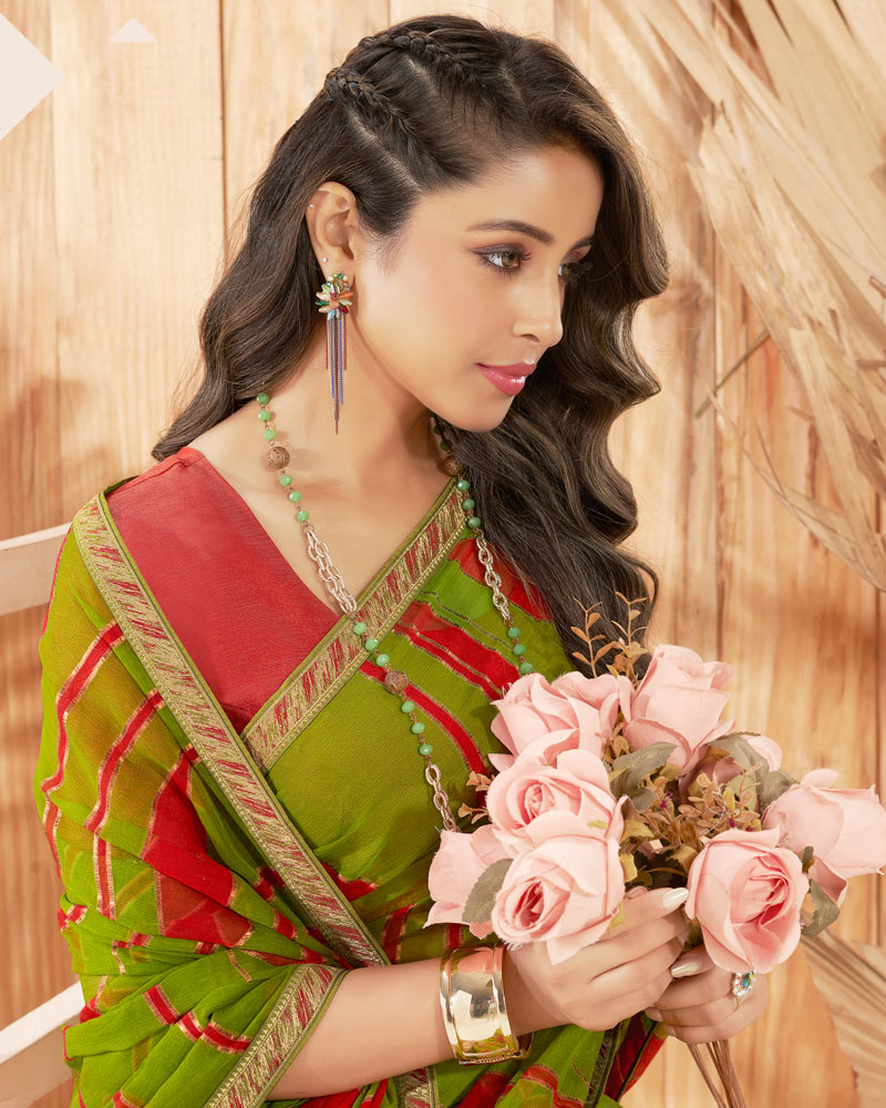 Vishal Prints Mehandi Green Designer Chiffon Brasso Saree With Foil Print And Zari Border