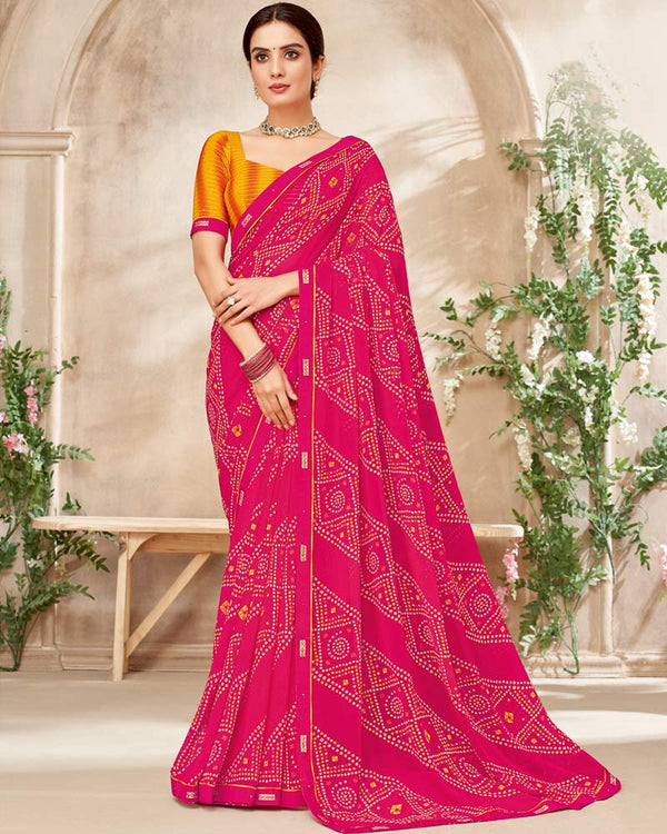 Vishal Prints Red Pink Printed Georgette Saree With Fancy Border
