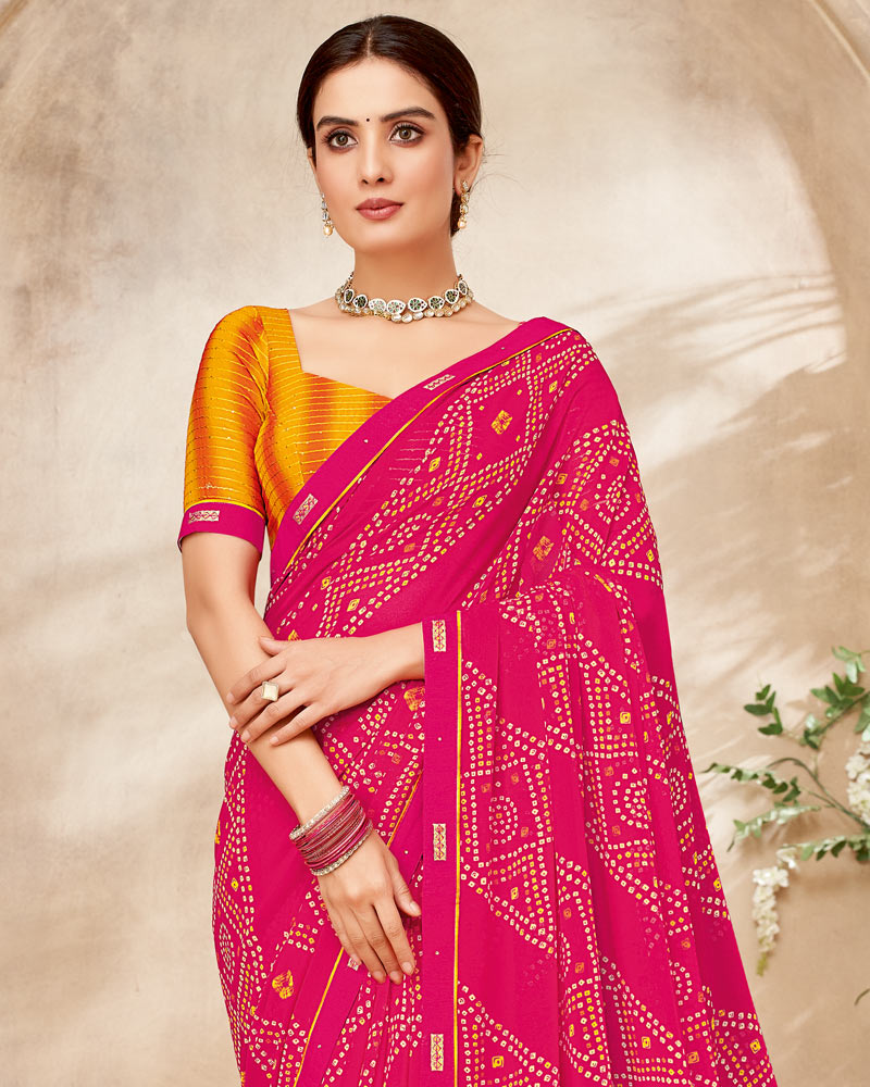 Vishal Prints Red Pink Printed Georgette Saree With Fancy Border
