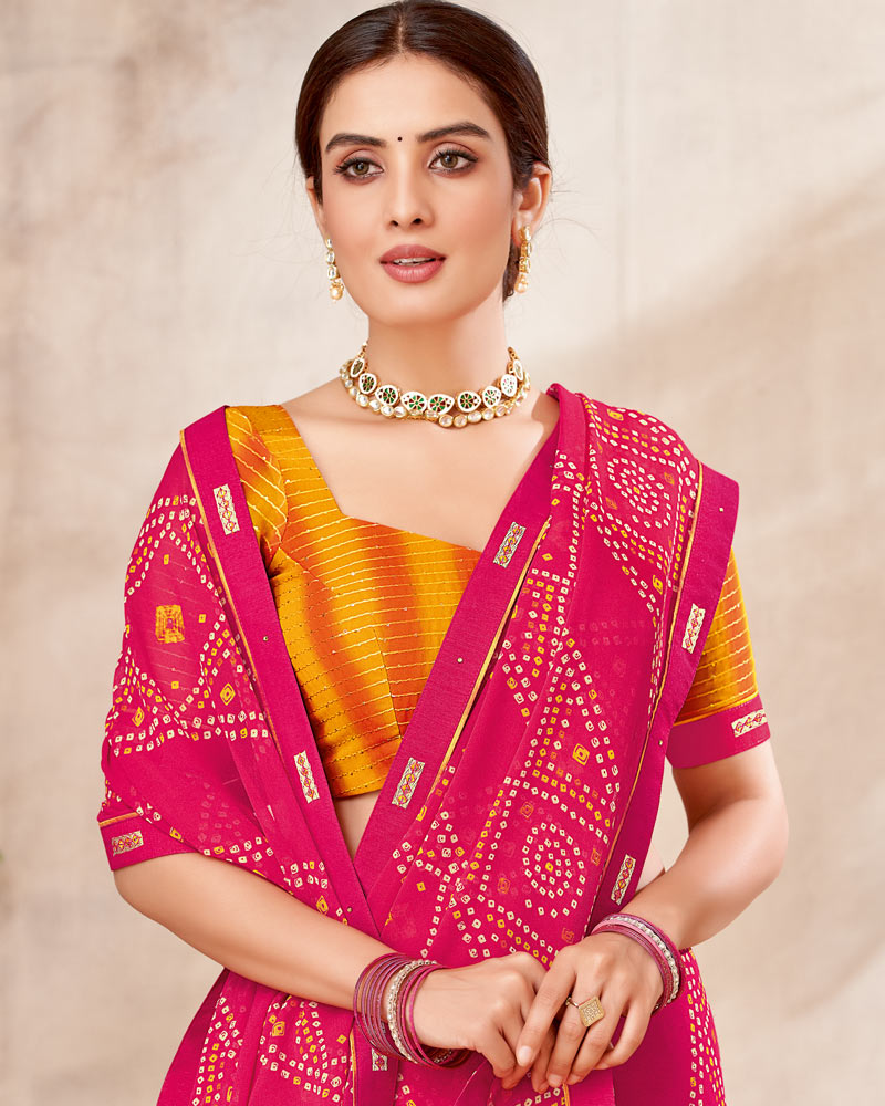 Vishal Prints Red Pink Printed Georgette Saree With Fancy Border