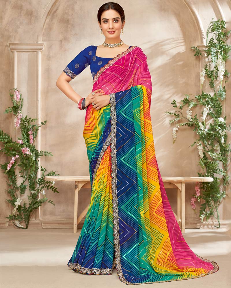 Vishal Prints Rani Printed Georgette Saree With Fancy Cut Work Embroidery Border
