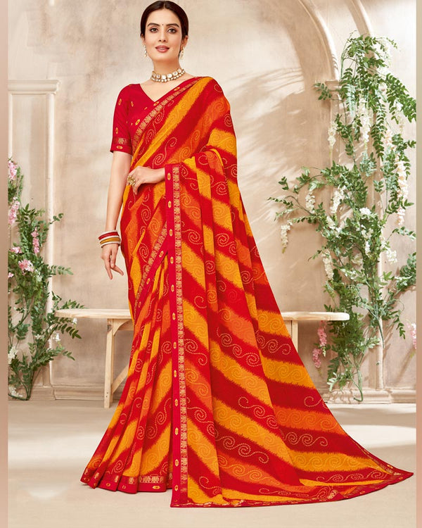 Vishal Prints Cherry Red Printed Georgette Saree With Fancy Border