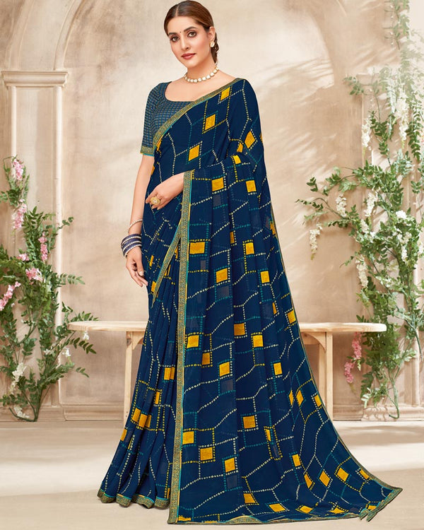 Vishal Prints Navy Blue Printed Georgette Saree With Fancy Border