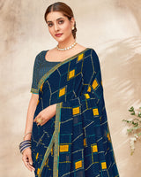 Vishal Prints Navy Blue Printed Georgette Saree With Fancy Border